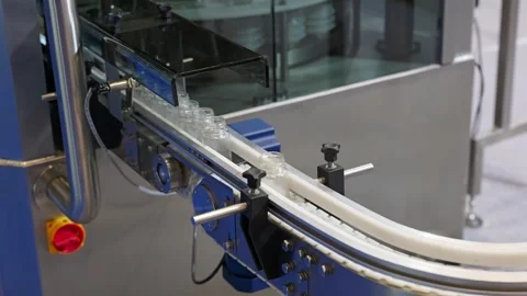 Transparent small bottles moving along a curved conveyor belt Stock Footage 336733837