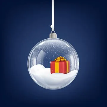 Transparent snow globe with 3D gift box and snowfall. Realistic Christmas glass Stock Illustration