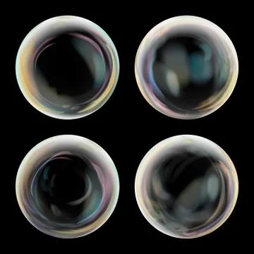 Transparent Soap Bubble Set. Black Background. Realistic Vector Illustration Stock Illustration