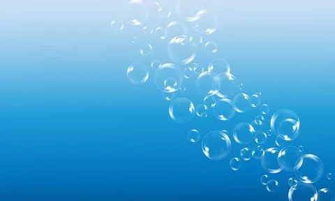 Transparent soap bubbles on blue gradient background. flowing up. Stock Illustration