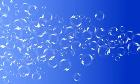 Transparent soap bubbles on blue gradient background. This airy and light design Stock Illustration