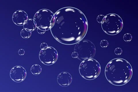 Transparent soap bubbles on dark backdrop. Realistic Stock Illustration
