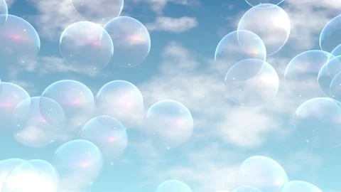 Transparent Soap Bubbles Floating Across a Bright Blue Sky with Clouds Stock Footage 330145211