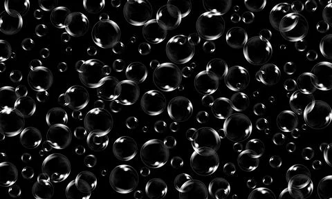 Transparent soap bubbles floating on black background. Stock Illustration