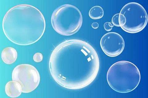 Transparent Soap Bubbles Floating on Blue Gradient Background Illustration 스톡 일러스트