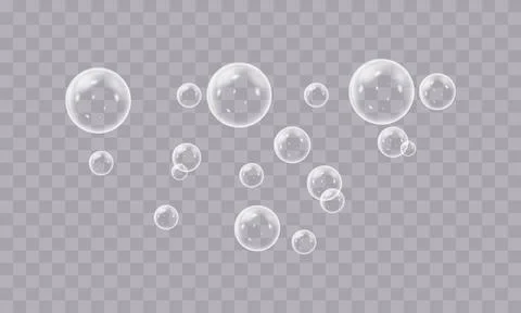 Transparent soap bubbles floating in soft white style isolated on transpare.. Stock Illustration