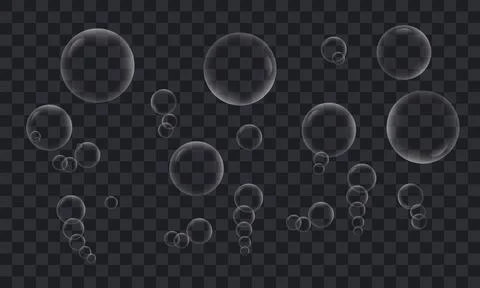 Transparent soap bubbles floating softly on dark background vector effect. Stock Illustration