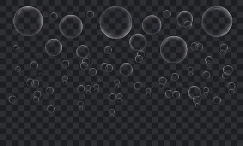 Transparent soap bubbles floating softly on dark background vector effect. Illustrazione stock