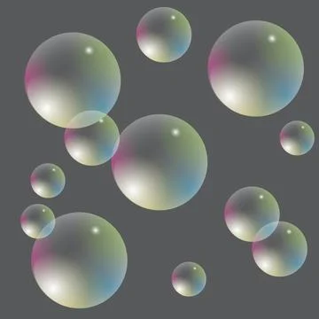 Transparent soap bubbles with iridescent gradient on a gray background. Abs.. Stock Illustration
