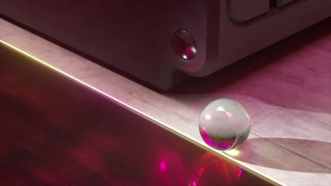 A transparent sphere next to a neon-lit surface on a colorful floor, creating Video stock 281177681