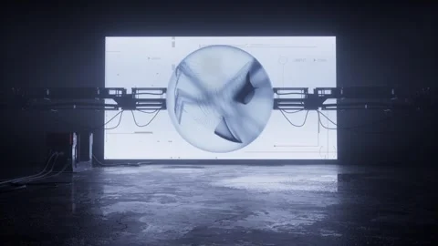 Transparent sphere of swirling threads on a screen with machinery Stock Footage 346781588