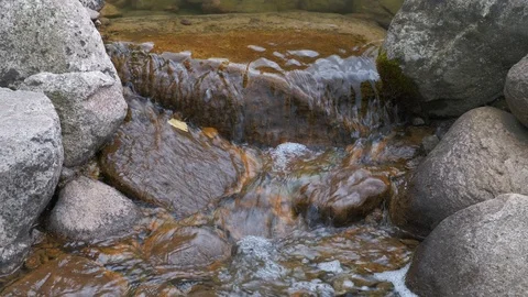 A transparent stream of water flows through the rocks. Small water falls. Stock Footage 116448448