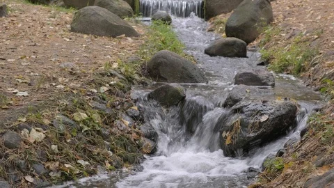 A transparent stream of water flows through the rocks. Cascades of water fall Stock Footage 117636887