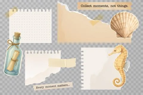 Transparent summer scrapbook elements with quotes and ocean decorations Illustrazione stock