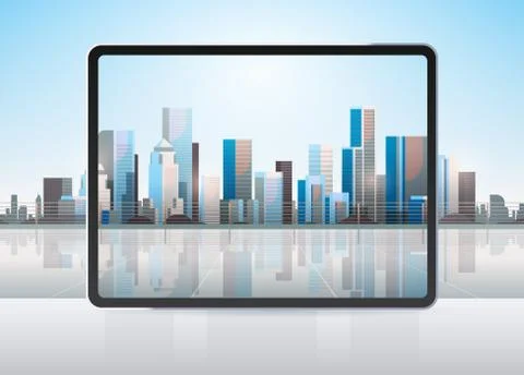 Transparent tablet computer screen cityscape background realistic gadgets and Stock Illustration