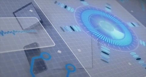 Transparent tech panel sending data, holo disc pulsing orbiting dots linking Stock Footage 331565602