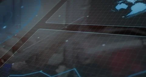 Transparent touchscreen showing gridded HUD, blue line chart, dotted world map Stock Illustration