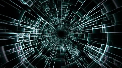 Transparent tunnel with digital patterns transforming on a dark background Stock Footage 264814181