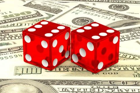 Transparent two red dices with white dots lie on the background of dollars. Stock Illustration