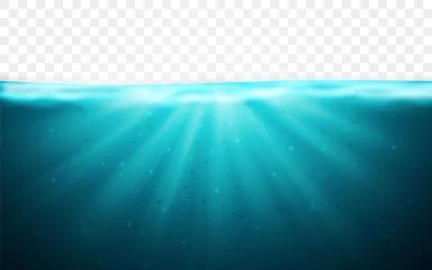 Transparent underwater blue ocean background. Horizon water surface. Vector i Stock Illustration