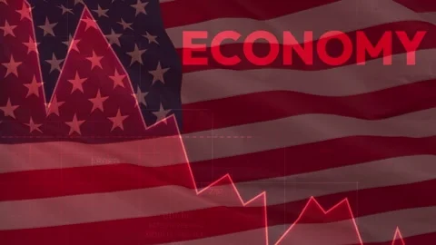 Transparent United States Flag with Falling Economy Graph Stock Footage 337732792