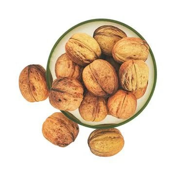 Transparent vase with walnuts on a white background. Top view. 3d rendering Illustrazione stock
