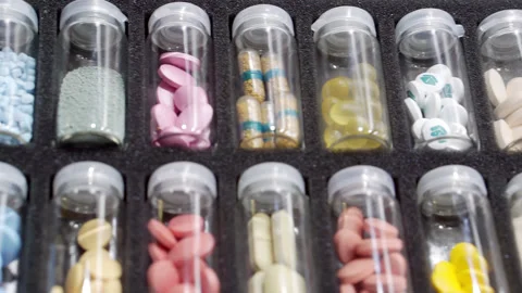 Transparent vials with different drugs. Video stock 225882589