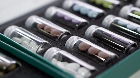 Transparent vials with different pills and pills. Stock Footage 229729370