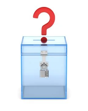 Transparent voting box and question on white background. Isolated 3D illustra Stock Illustration