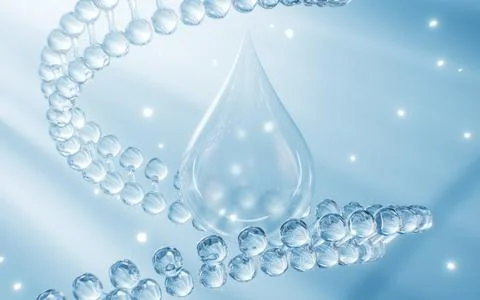 Transparent water drop and molecules, 3d rendering. Stock Illustration