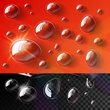 Transparent water drops on flat background Stock Illustration