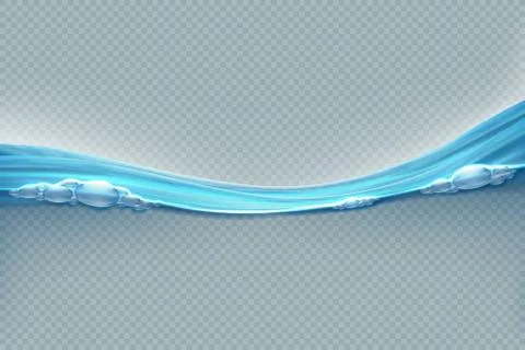 Transparent water surface. Realistic wave splash sea water level with bubbles Illustrazione stock