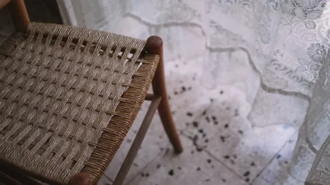 Transparent white curtain on the window gently moved by the wind. Summer vacatio Stock Footage 237251087