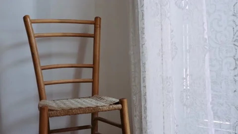 Transparent white curtain on the window gently moved by the wind. Summer vacatio Stock Footage 237251164