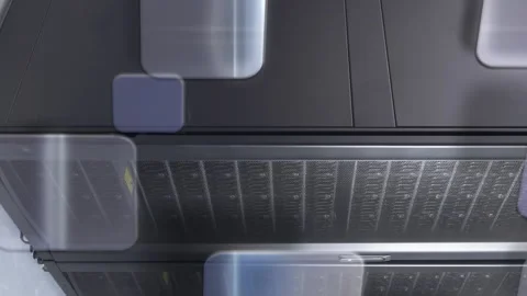 Transparent windows moving over computer server room Stock Footage 312324946