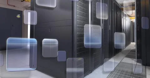 Transparent windows moving over computer server room 스톡 사진