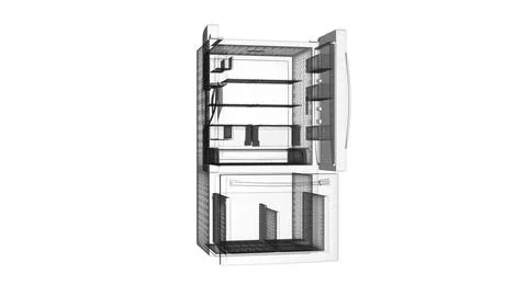 A transparent wireframe rendering of a refrigerator showing shelves and comp Illustrazione stock