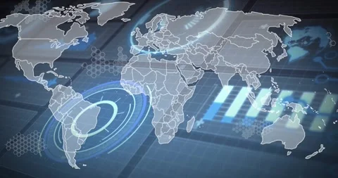 Transparent world map unfolding after radar activation, showing pulsing target Stock Footage 329505213