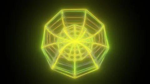 Transparent yellow geometric structure with a spiderweb-like grid glowing aga 写真素材