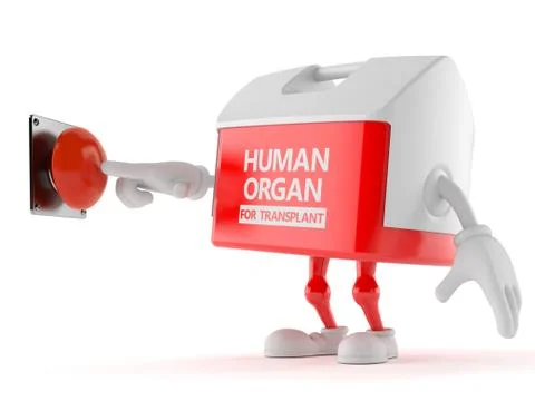 Transplant box character pushing a button Stock Illustration