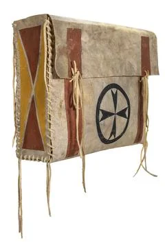 Transport box made of rawhide painted Indian with leather cords painted on white Stock Photos