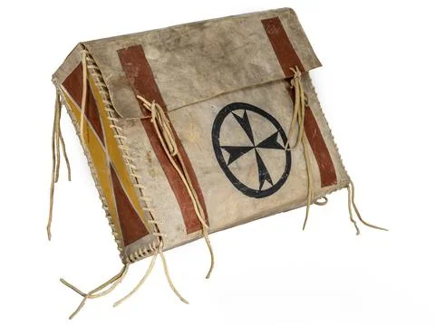 Transport box made of rawhide painted Indian with leather cords painted on white Stock Photos