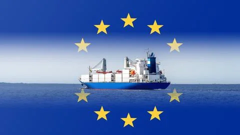 Transport cargo ship on the background of the flag of the European Union, Stock Illustration