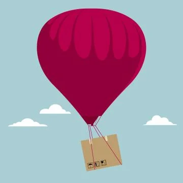 Transport cargo using hot air balloons. Isolated on blue background. Stock Illustration