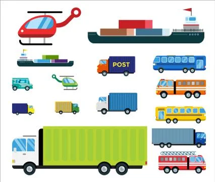 Transport delivery vector isolated white transportation car bus van fire truck Stock Illustration
