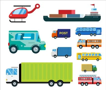 Transport delivery vector isolated white transportation car bus van fire truck Illustrazione stock