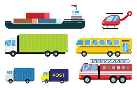 Transport delivery vector isolated white transportation car bus van fire truck Illustrazione stock