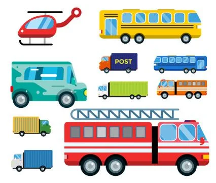 Transport delivery vector isolated white transportation car bus van fire truck Illustrazione stock