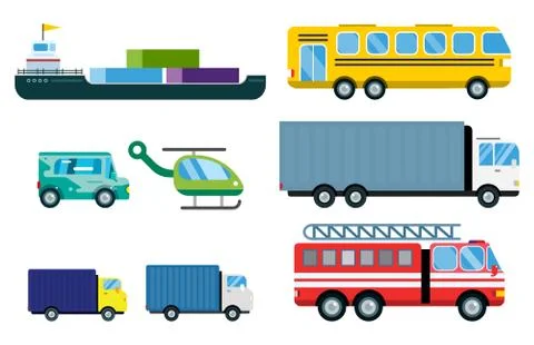 Transport delivery vector isolated white transportation car bus van fire truck Stock Illustration