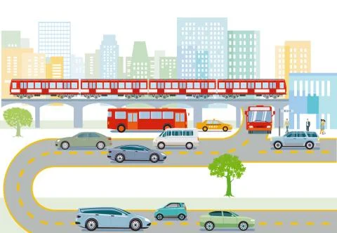 Transport by elevated train, bus and road traffic Stock Illustration